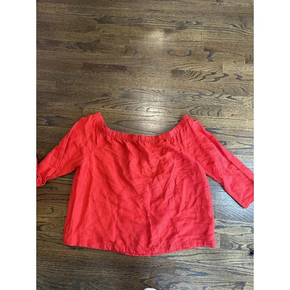 Karen Millen Size US 12 Red Linen Blend Shirt EUC Tie Sleeves Off Shoulder N0867